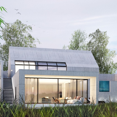 Wizualizacja domu jednorodzinnego z betonu wraz z ogrodem